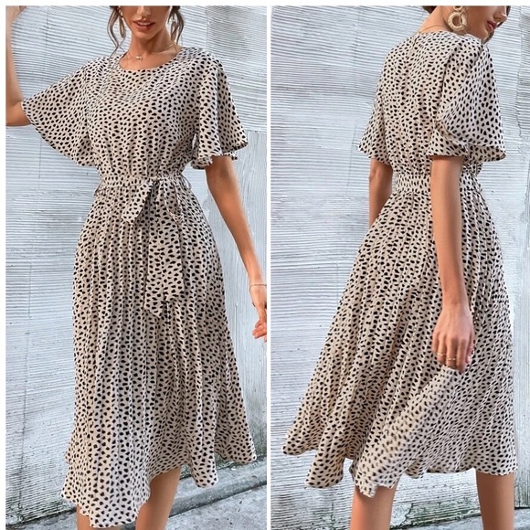 Dresses & Skirts - Beige Dot Print Butterfly Sleeve Belted  A line - Dress